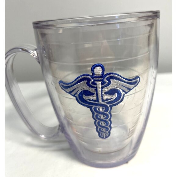 Tervis Clear Plastic Insulated Mug With Blue Medical Symbol & Handle 10oz - Picture 1 of 5